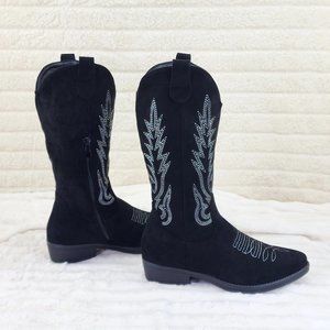 Western Mid-calf Cowboy Cowgirl Boots Black Low 1.5" Heels White Stitch